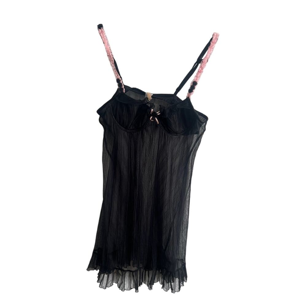 Vintage Chantal Thomass Black & Pink Rosette Pleated Babydoll Slip Dress 34B
